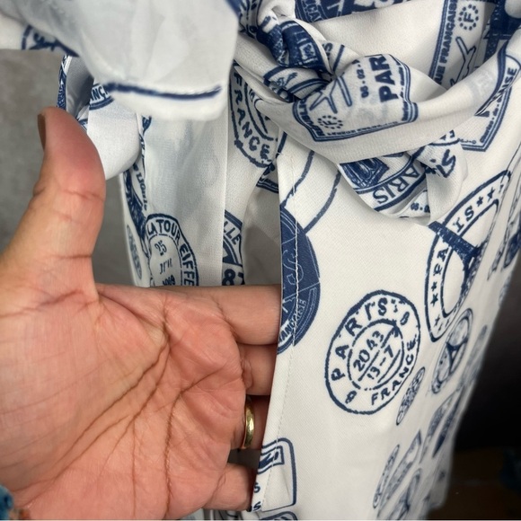 eShakti Midi Wrap Paris Eiffel Tower Stamp Dress In White Blue Women's Size XL - Picture 5 of 8